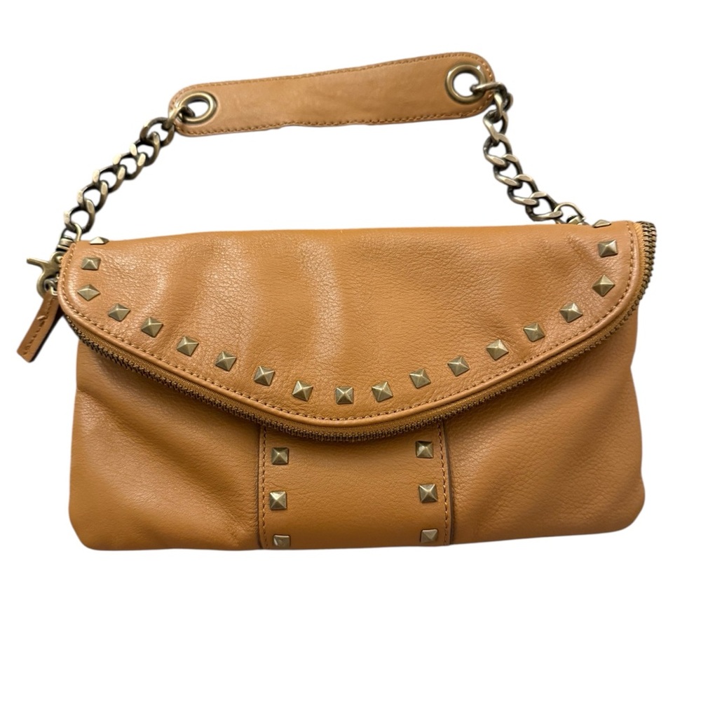 BCBG Studded Tan Leather Shoulder Bag / clutch.